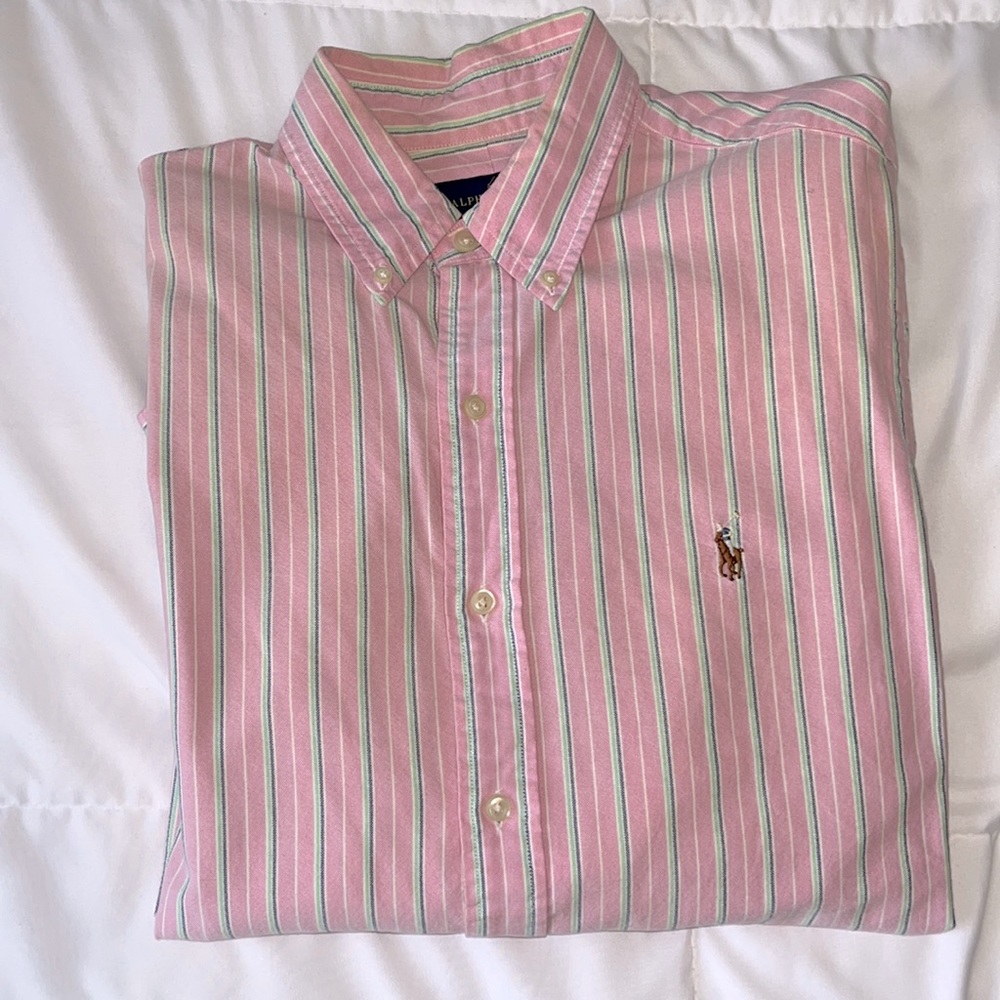 Pink, green, and blue striped button down Ralph Lauren shirt